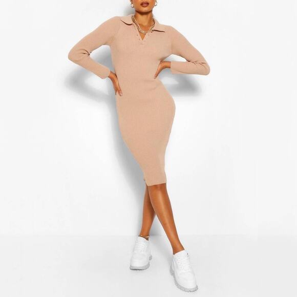 BooHoo Polo Collar Knit Mini Dress Ribbed Tan Long Sleeve Dress Size 6 - Picture 1 of 6